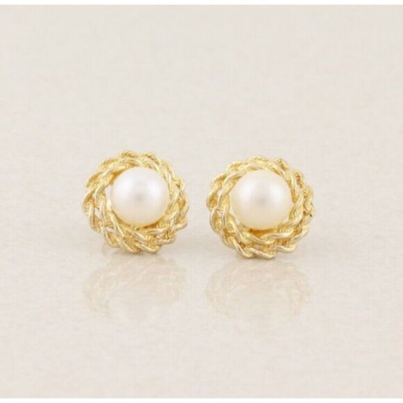 14k Yellow Gold Freshwater Pearl Earrings Stud Post - Picture 1 of 8